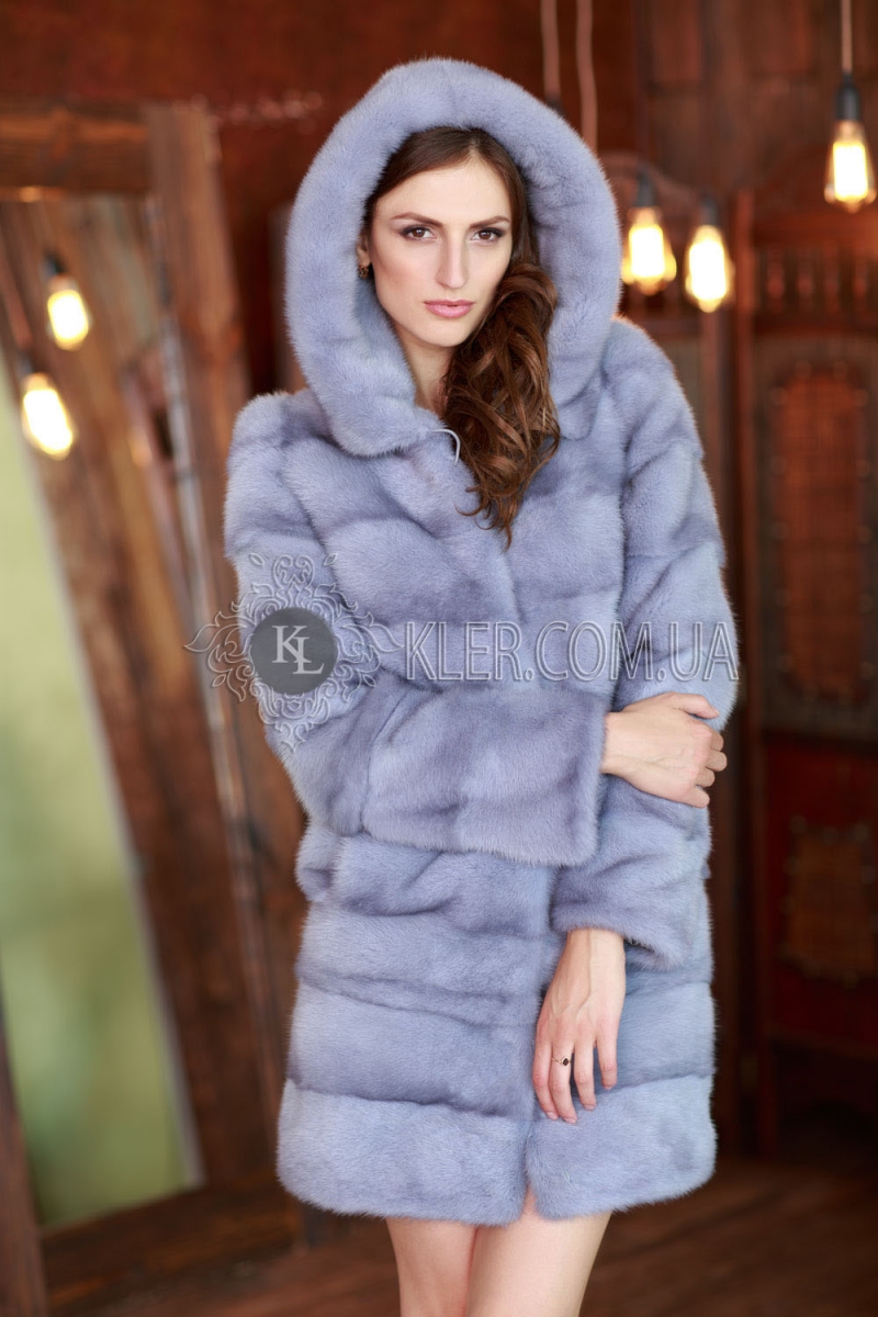 Шуба из меха голубой норки с капюшоном, трансформер Шубы
